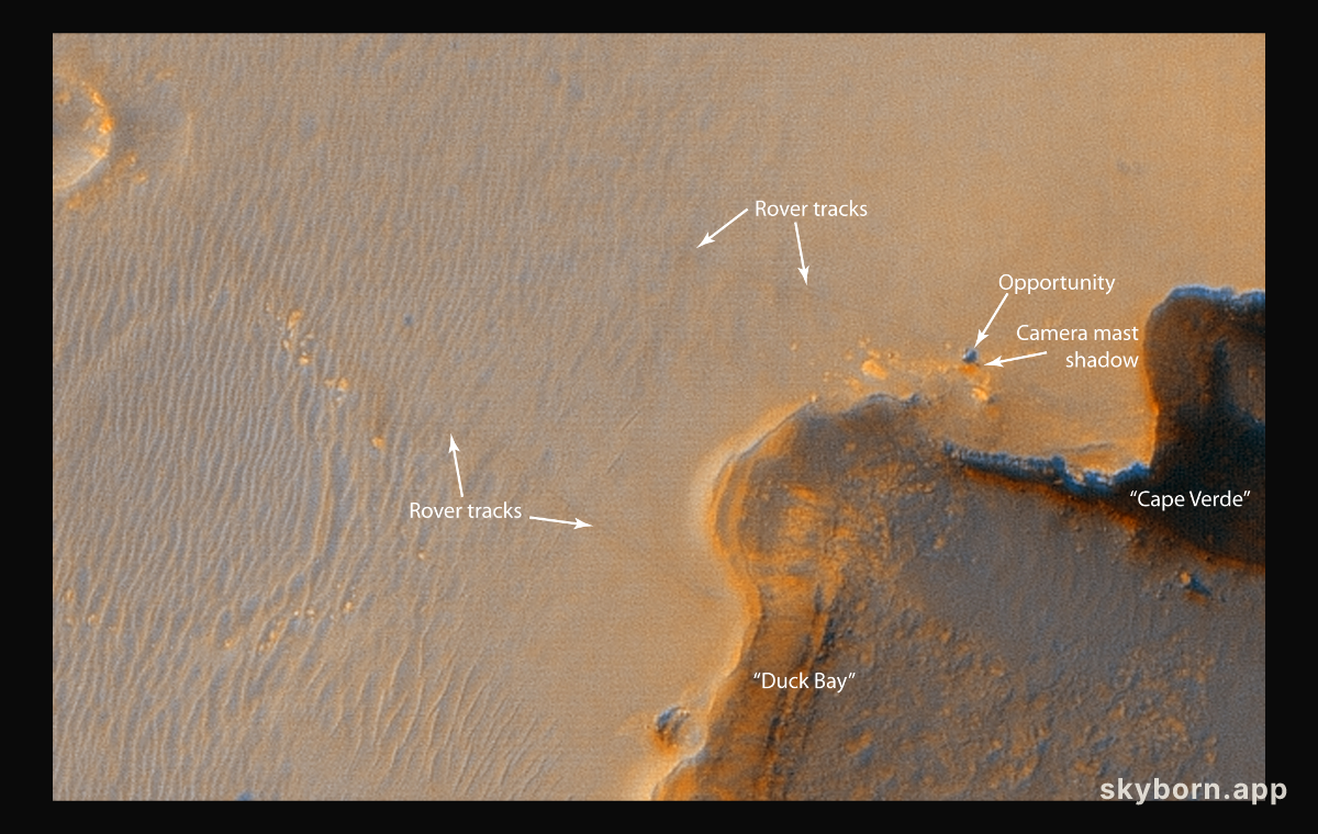 Mars Rover at Victoria Crater Imaged from Orbit