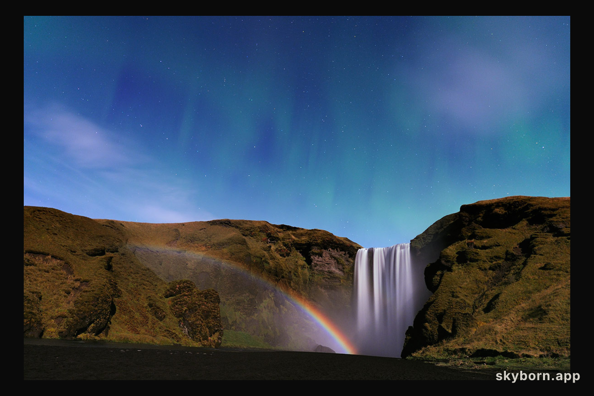 Waterfall, Moonbow, and Aurora from Iceland
