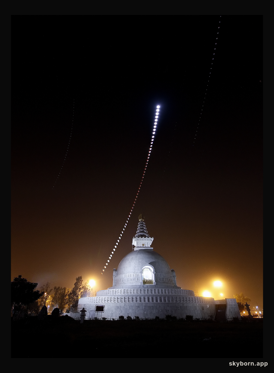 A Lunar Eclipse Over an Indian Peace Pagoda