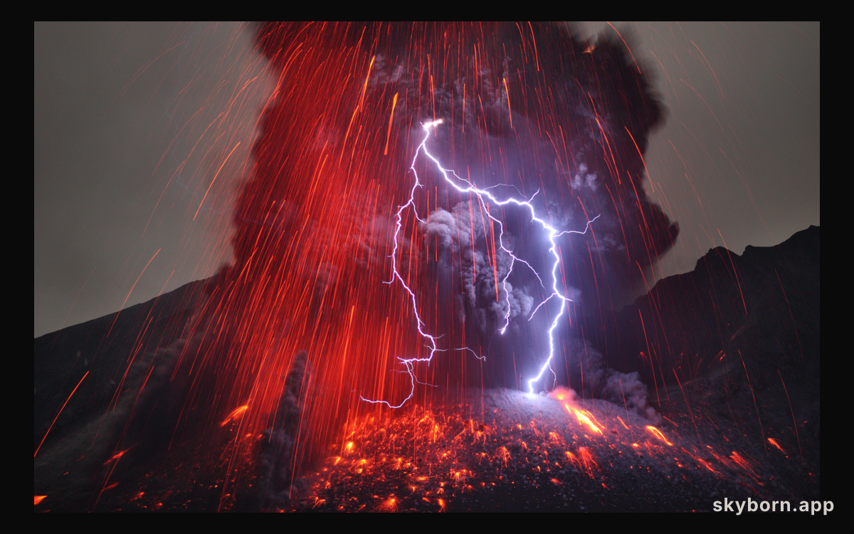 Sakurajima Volcano with Lightning