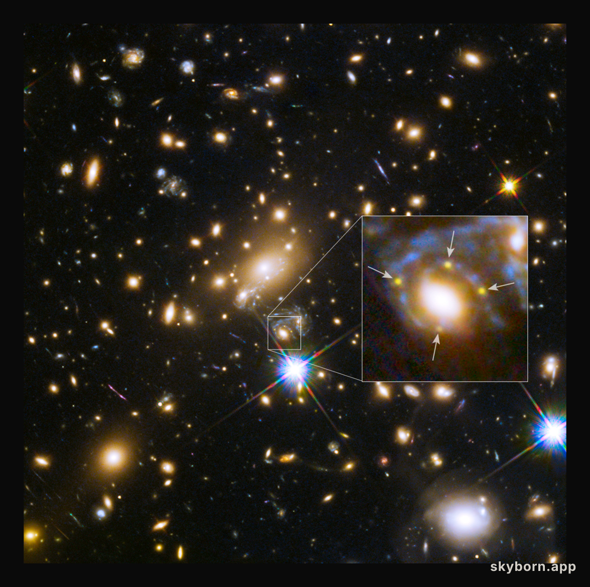 Galaxy and Cluster Create Four Images of Distant Supernova
