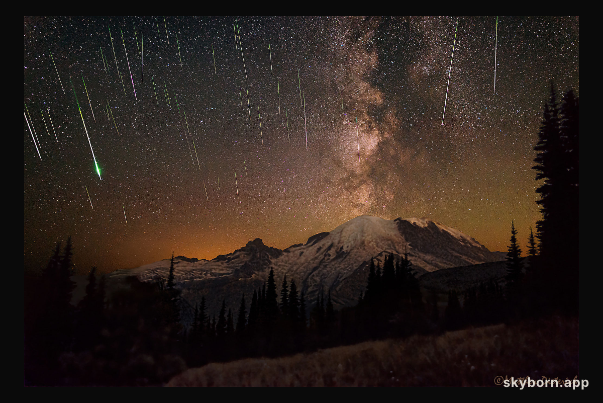 Meteors and Milky Way over Mount Rainier
