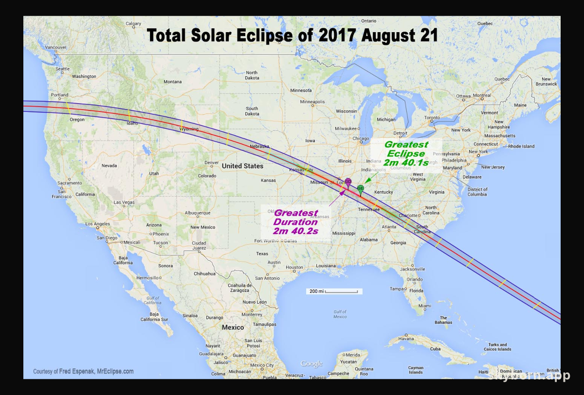 Map of Total Solar Eclipse Path in 2017 August