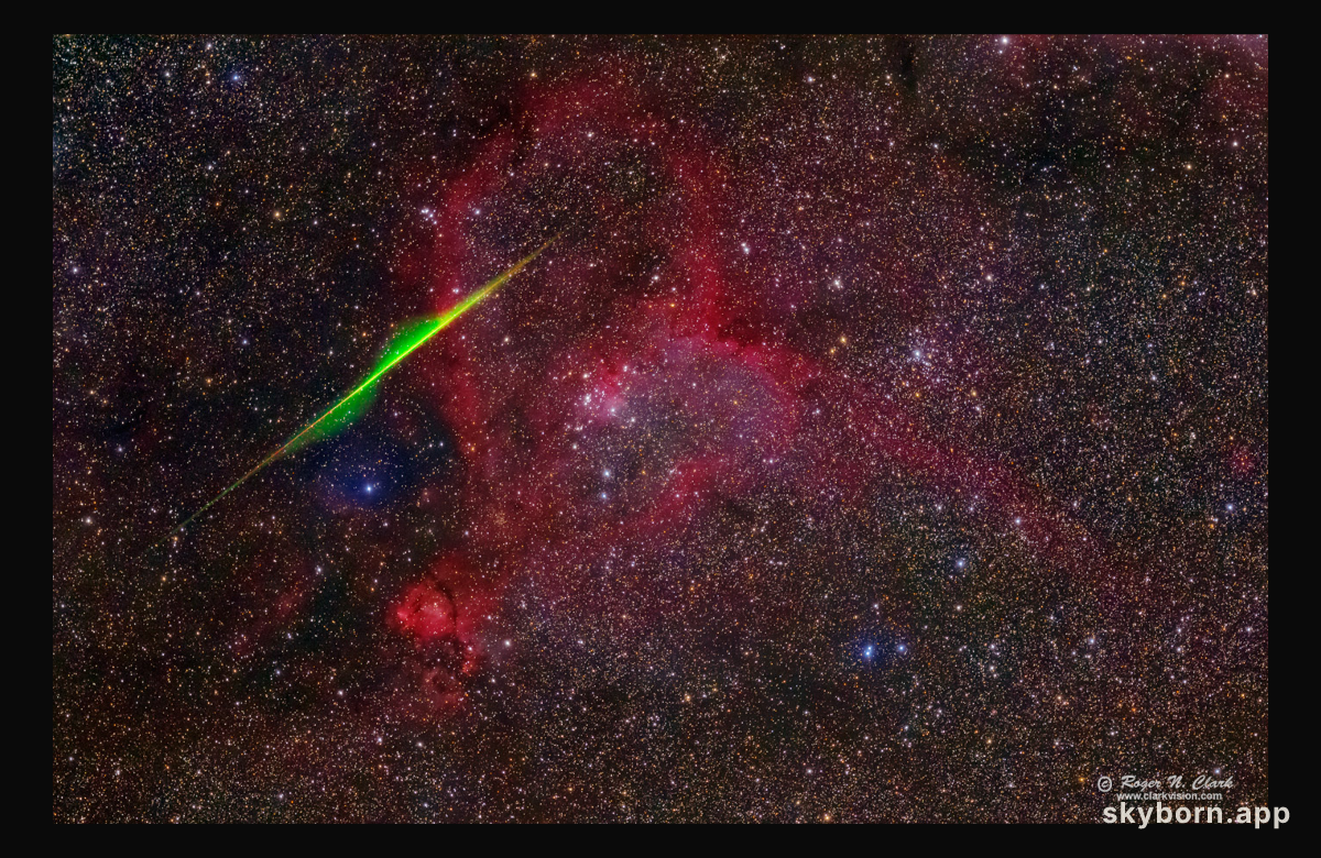 Spiral Meteor through the Heart Nebula