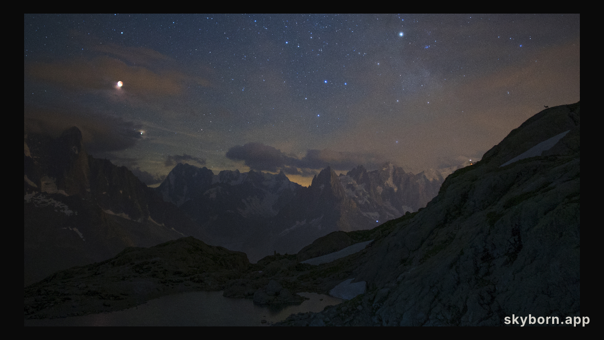 Eclipsed Moon and Mars over Mountains