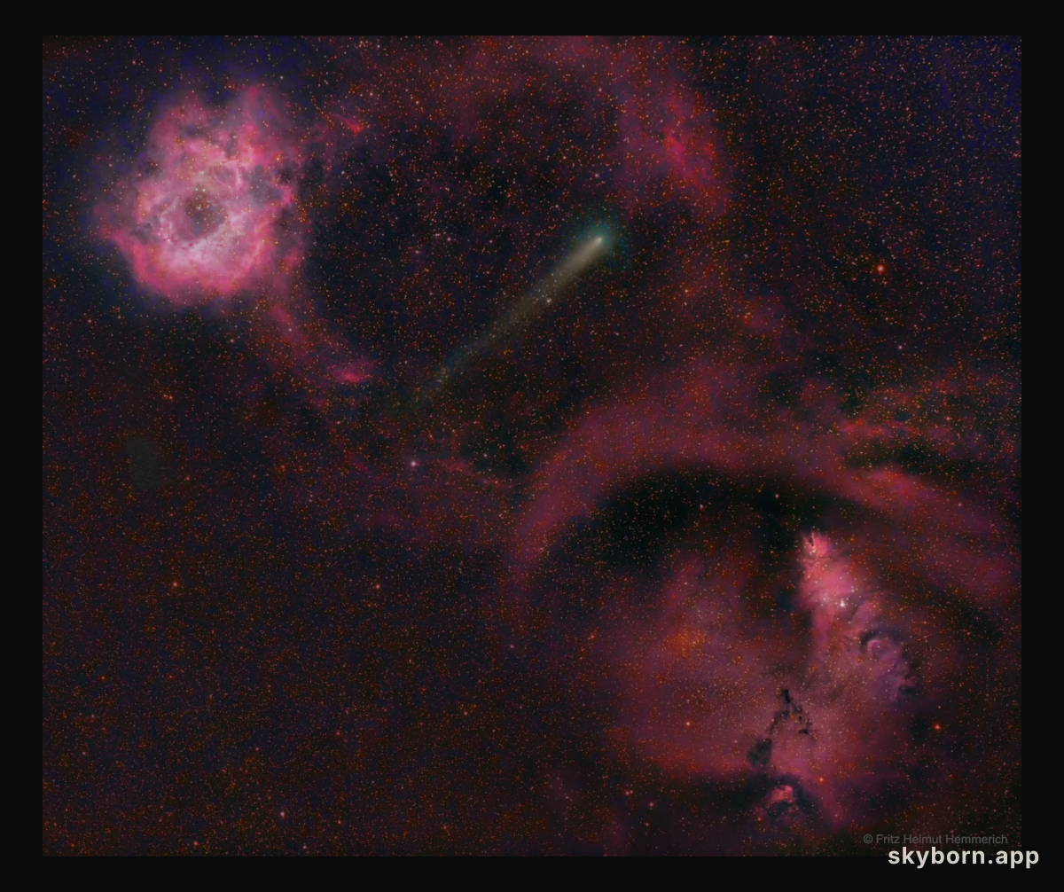 Comet 21P Between Rosette and Cone Nebulas