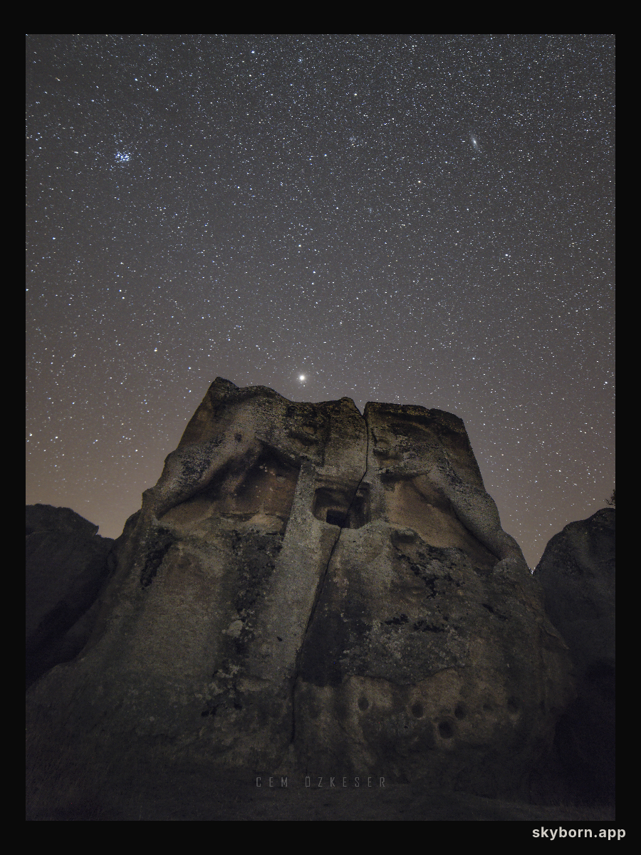 Mars, Pleiades, and Andromeda over Stone Lions