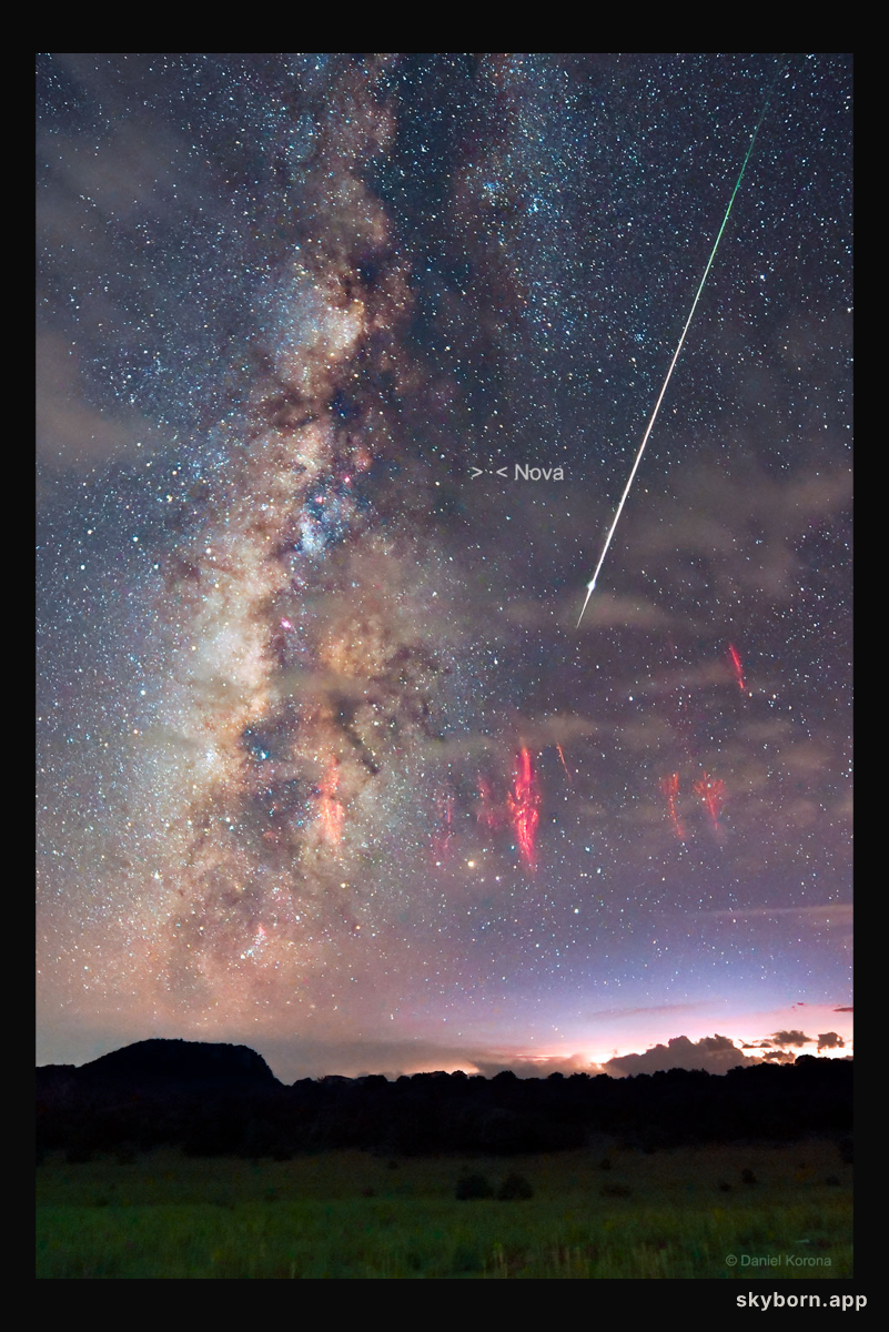 Perseid Meteor, Red Sprites, and Nova RS Ophiuchus