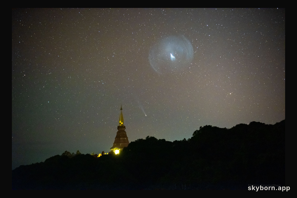 Comet Leonard behind JWST Launch Plume