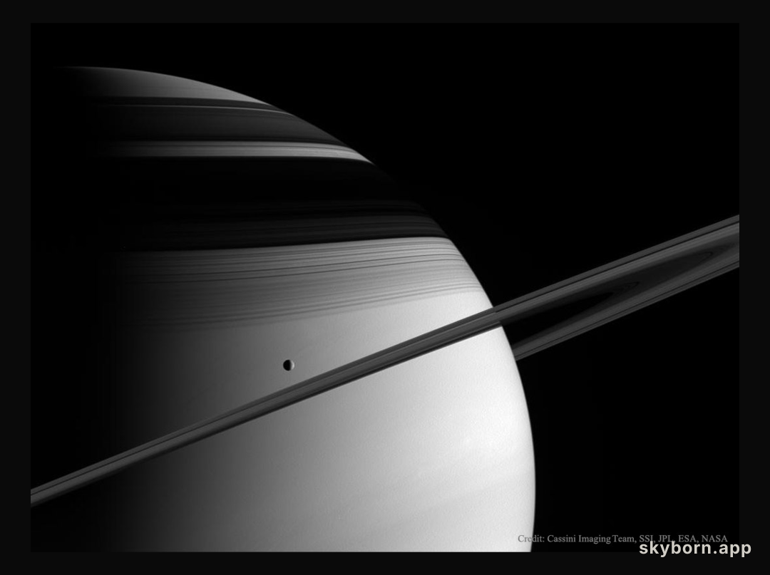 Saturn, Tethys, Rings, and Shadows