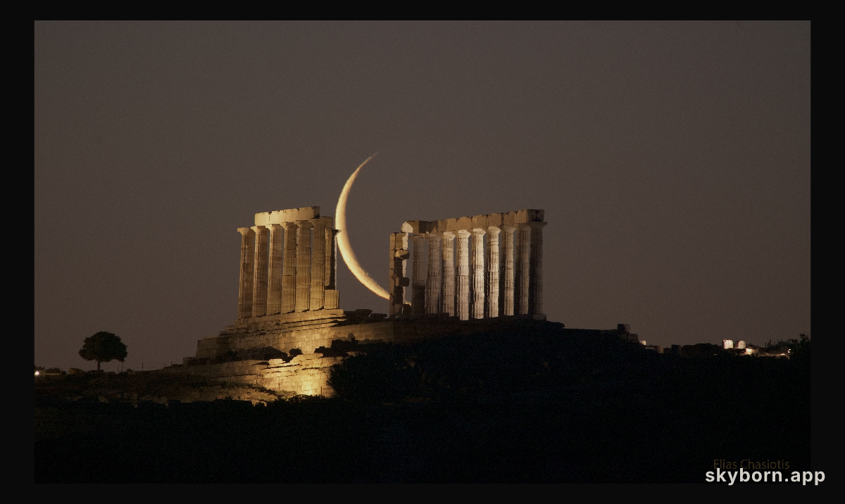 Crescent Moon Beyond Greek Temple