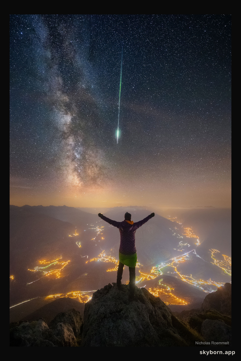 Meteor and Milky Way over the Alps