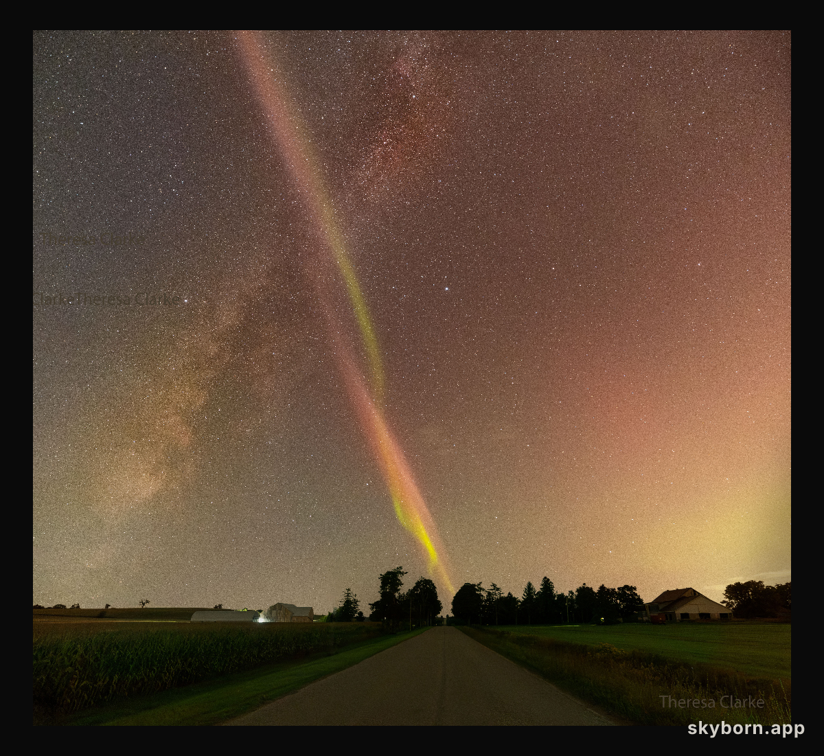 STEVE and Milky Way Cross over Rural Road