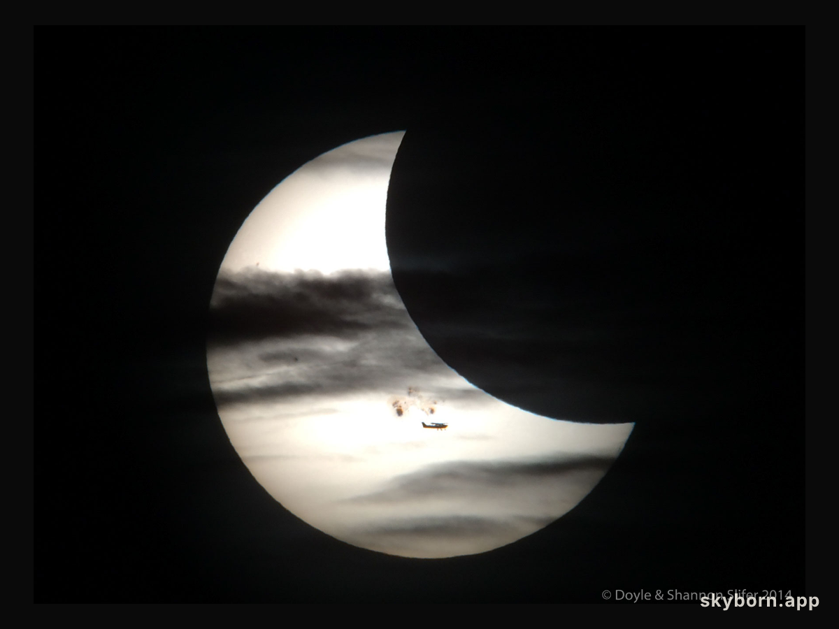 Plane, Clouds, Moon, Spots, Sun