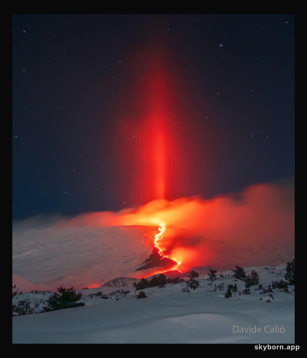 Light Pillar over Erupting Etna