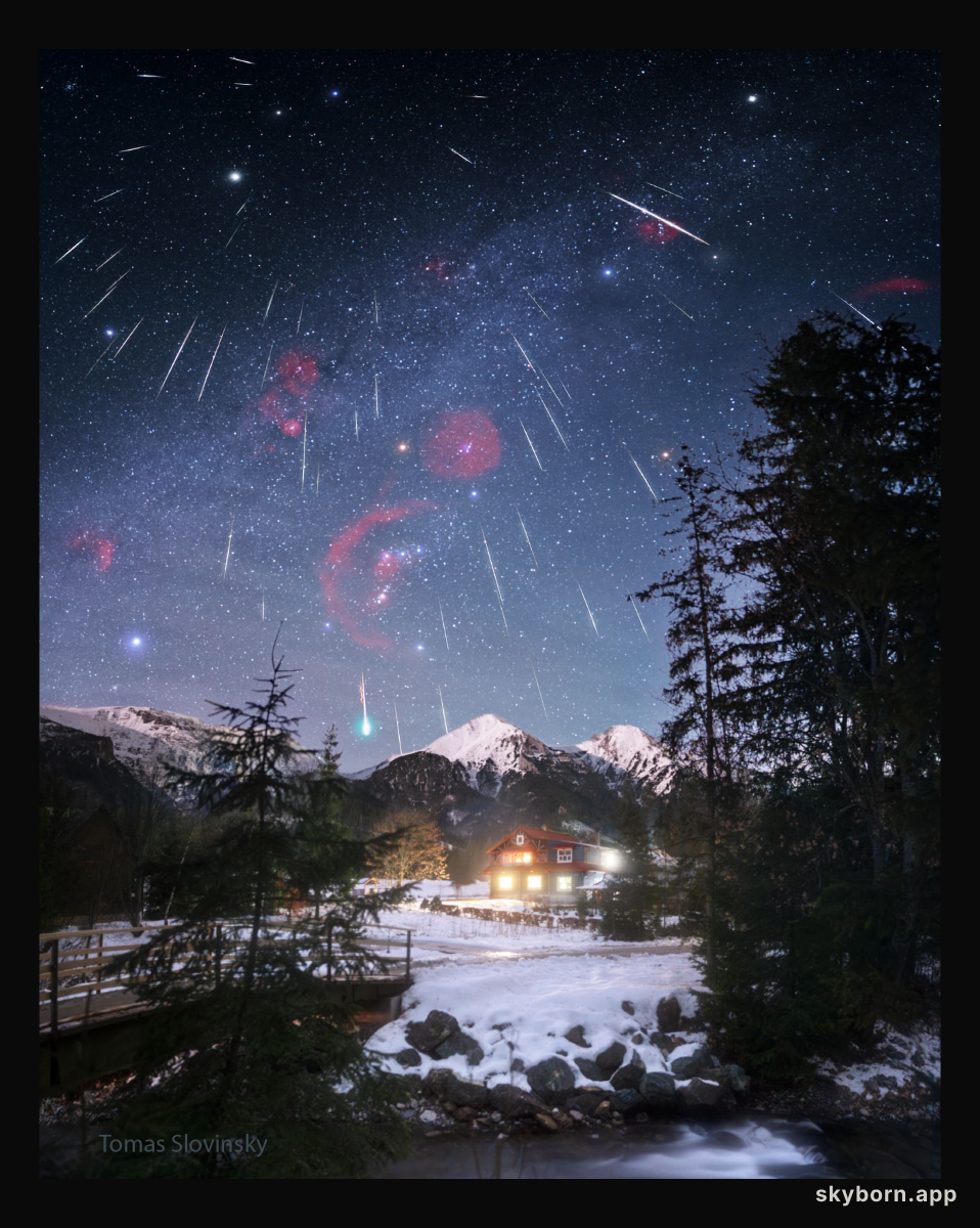 Gemini Meteors over Snow Capped Mountains