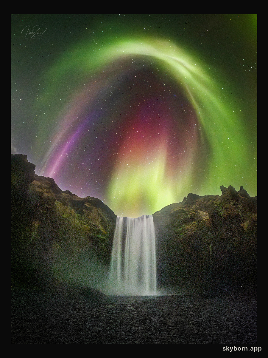 Colorful Aurora over Icelandic Waterfall