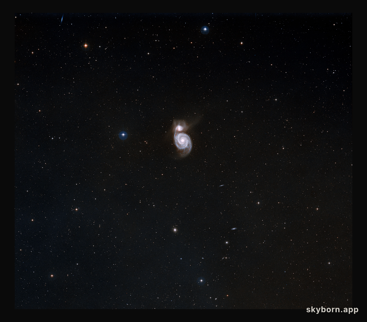 The Whirlpool Galaxy (M51a) with it's sparkling arms is the first galaxy found to have a spiral structure.