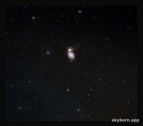 The Whirlpool Galaxy (M51a) with it's sparkling arms is the first galaxy found to have a spiral structure.