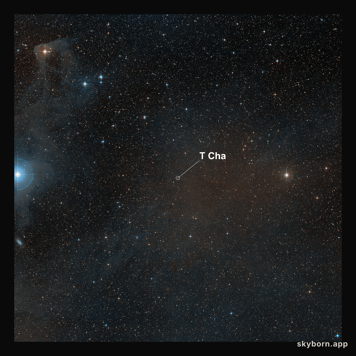 A wide-field view of the sky around the young star T Cha (annotated)