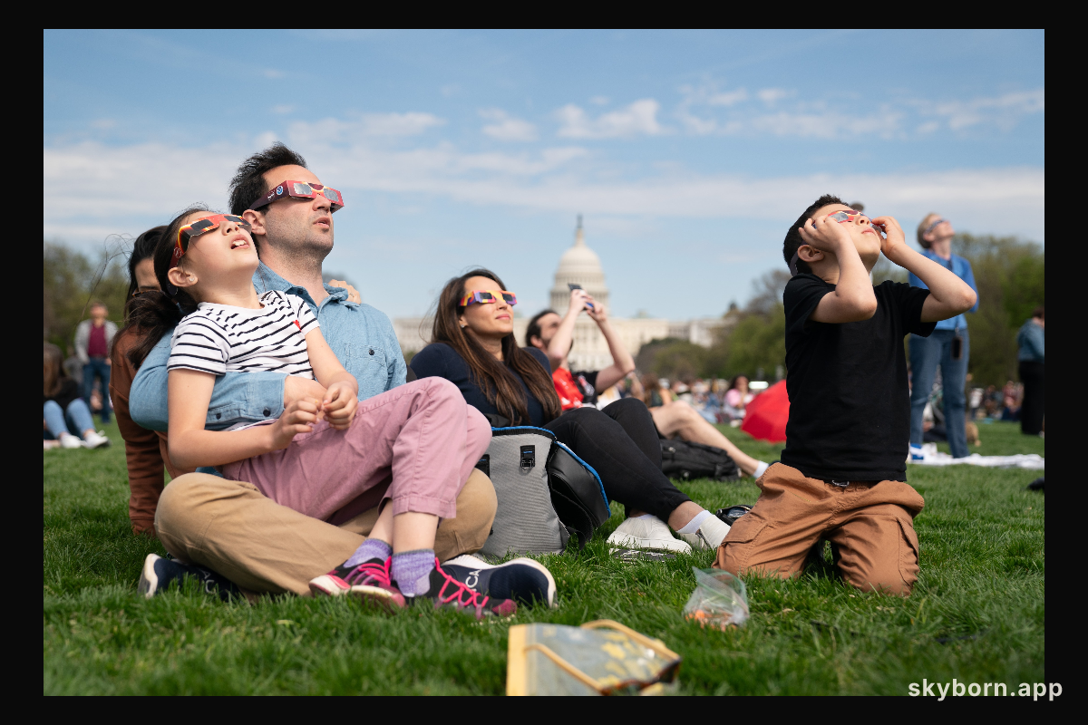 (L-R) Miranda (9) and Cameron Dyal, Yudi Lewis, and Cameron Dyal (7) view a partial solar eclipse in Washington, DC