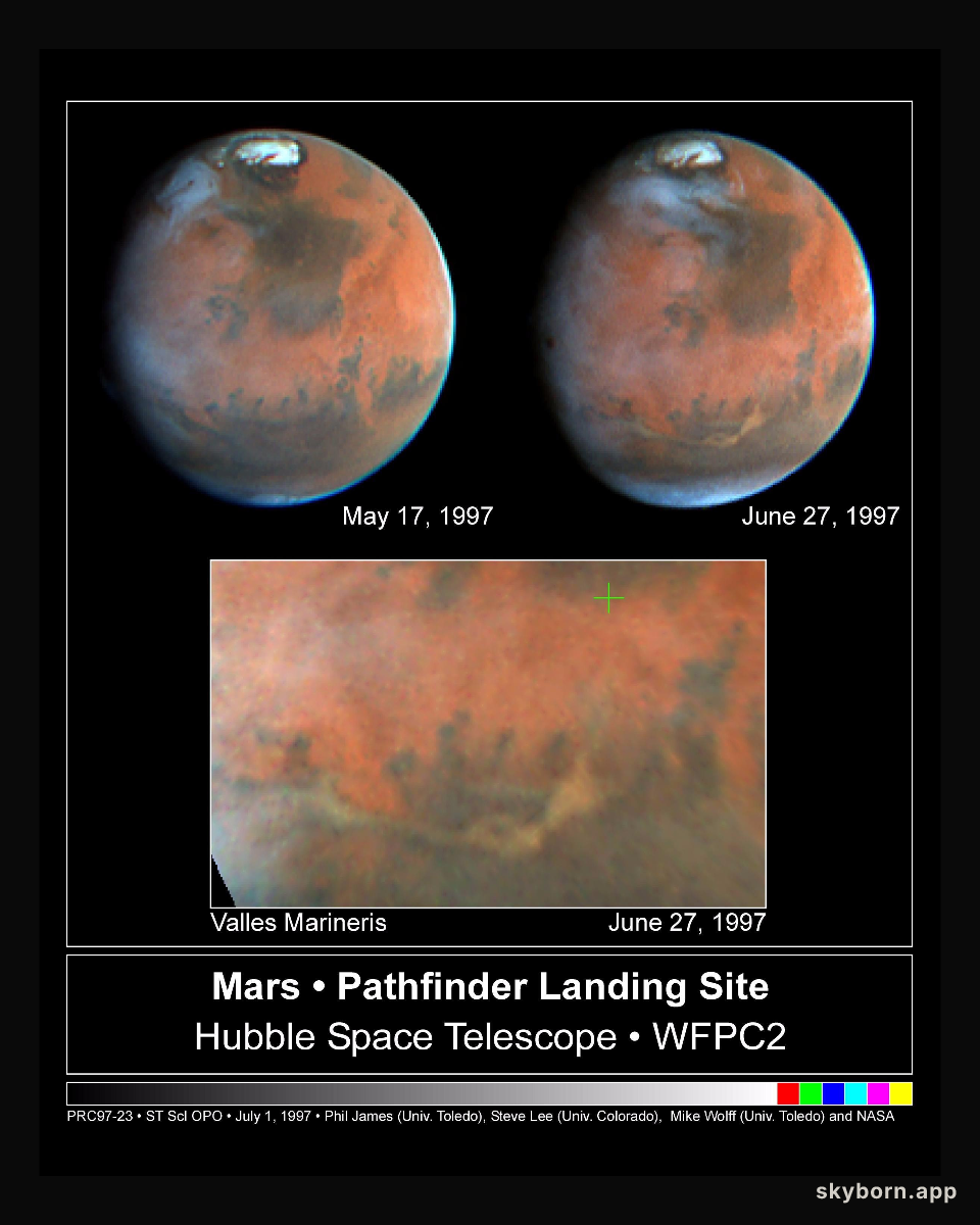 Hubble Look at Mars Shows Canyon Dust Storm, Cloudy Conditions for Pathfinder Landing