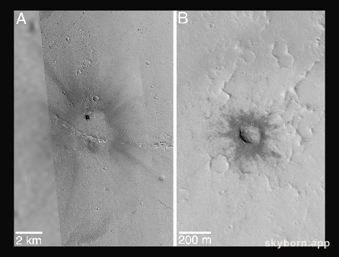 Fresh Impact Crater and Rays in Tharsis