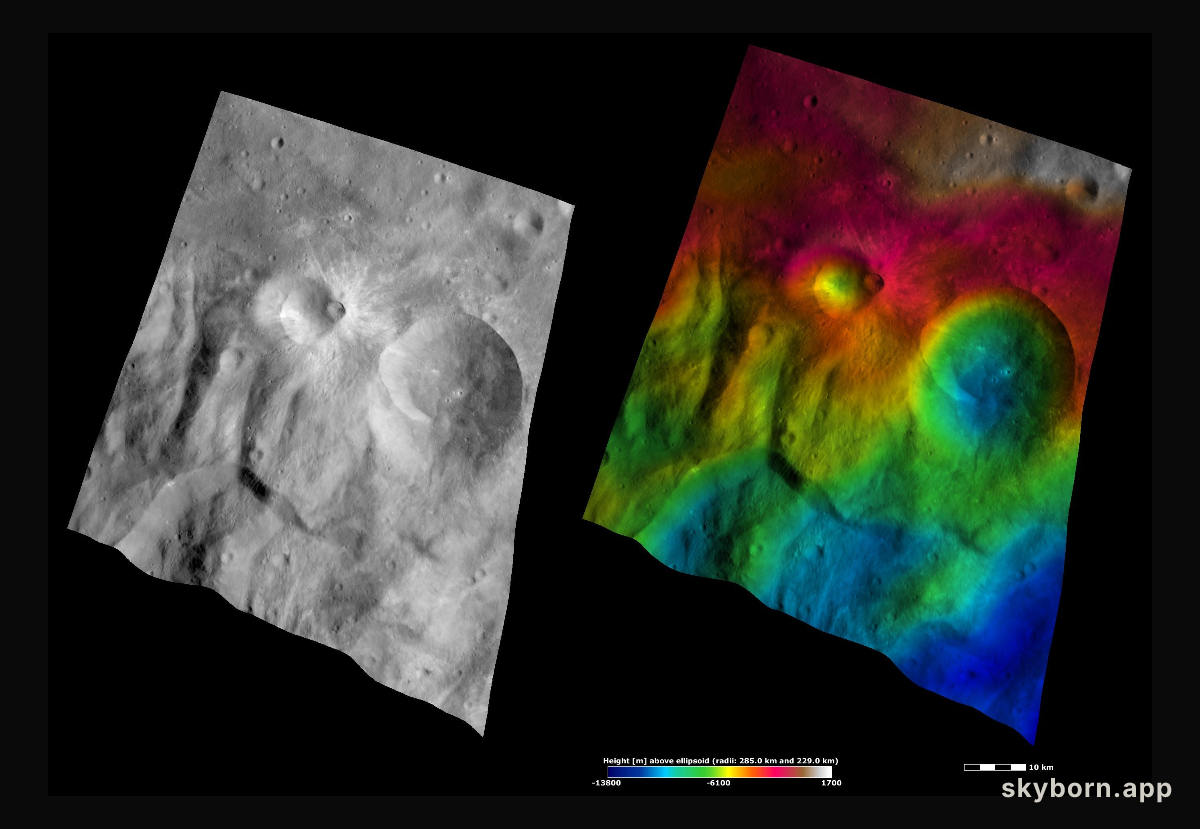Apparent Brightness and Topography Images of Tuccia and Eusebia Craters