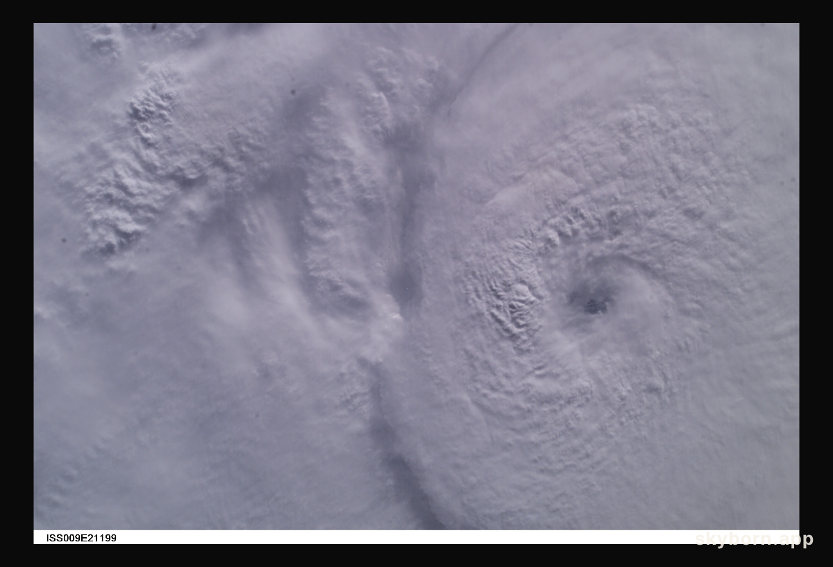 From 230 miles above, this is a nadir view of Hurricane Frances as it churned in the Atlantic Ocean almost 500 miles