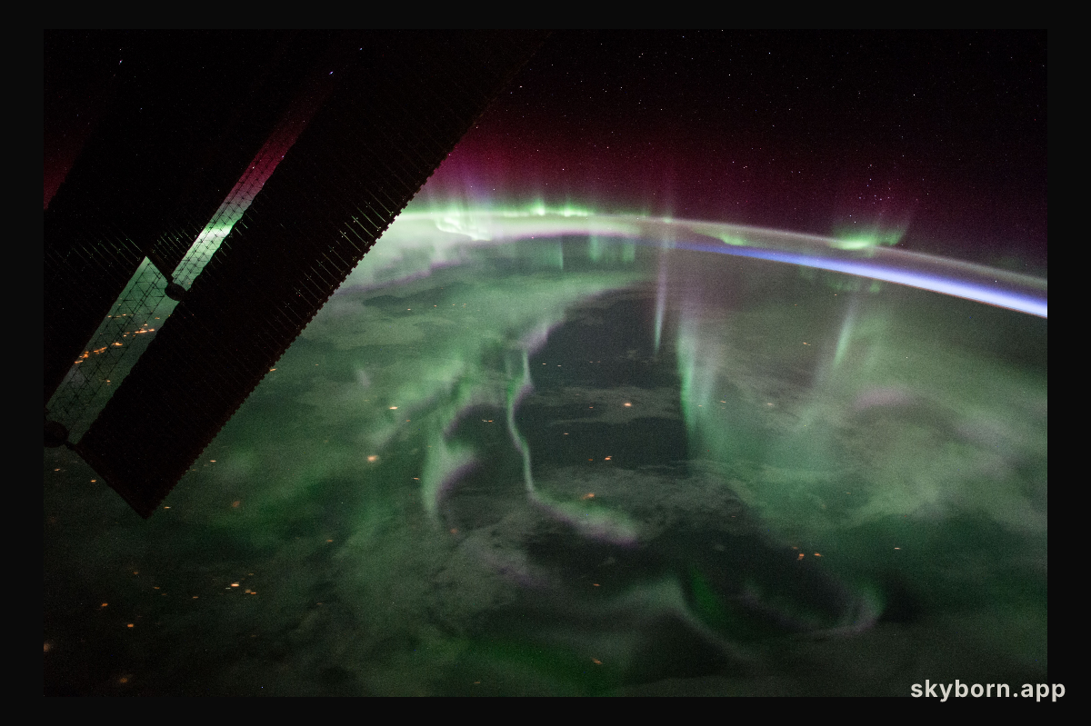 The spectacular aurora borealis, or the “northern lights,” over Canada is sighted from the space station near