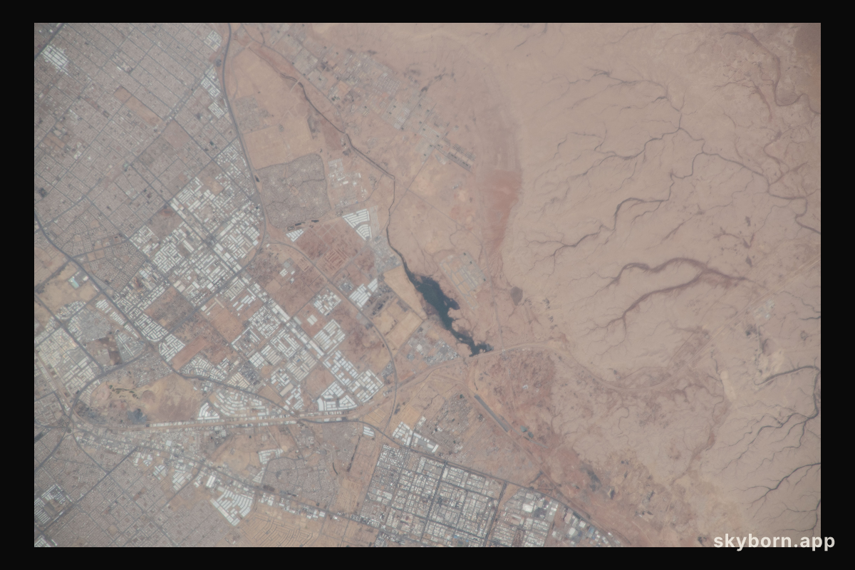 The southwest portion of the city of Riyadh and a body of water were pictured as the International Space Station