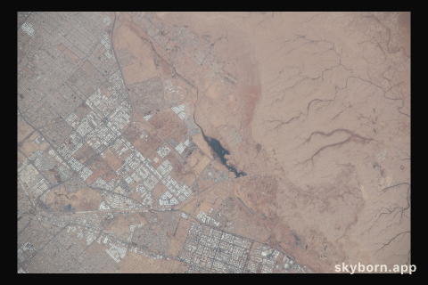 The southwest portion of the city of Riyadh and a body of water were pictured as the International Space Station