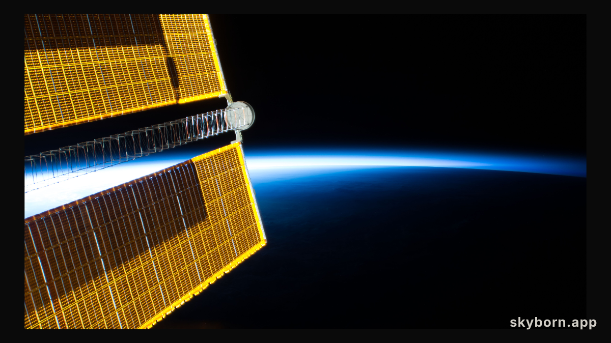 One of four basket ball court-sized main solar arrays that power the International Space Station contrasts the bright