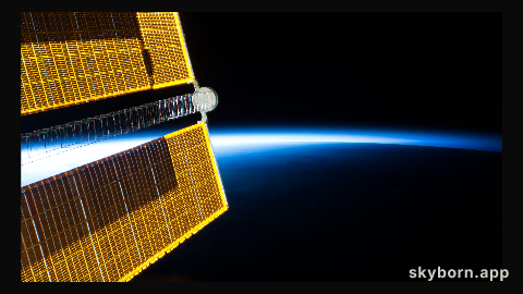 One of four basket ball court-sized main solar arrays that power the International Space Station contrasts the bright