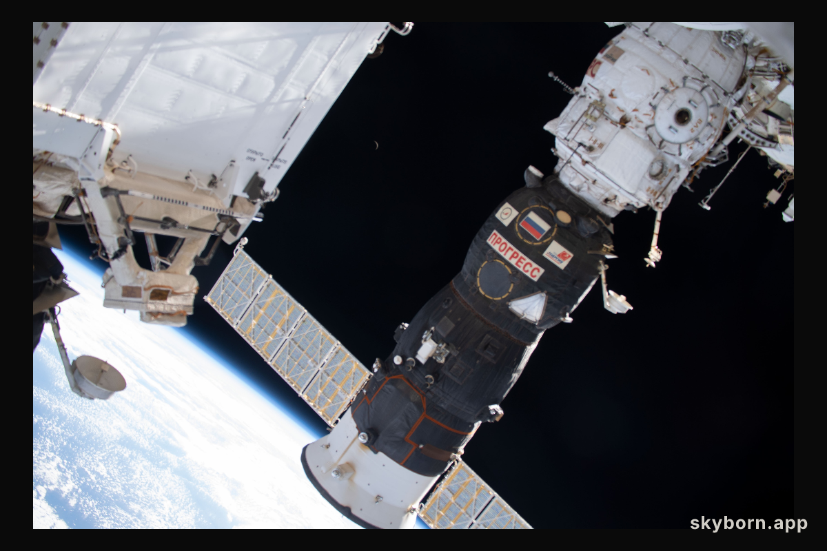 A waning crescent moon is barely visible in the center background as the International Spacer Station orbited 262 miles