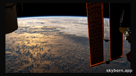 The International Space Station orbits 267 miles above the Earth as the Sun's glint beams over the Philippine Sea