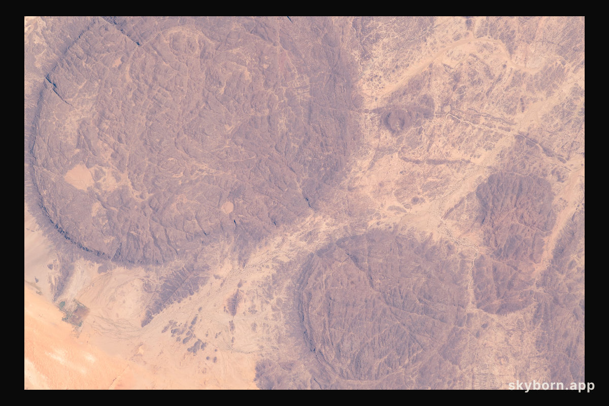 The near-circular massifs of the Aïr Mountains within the Sahara Desert were pictured from the International Space