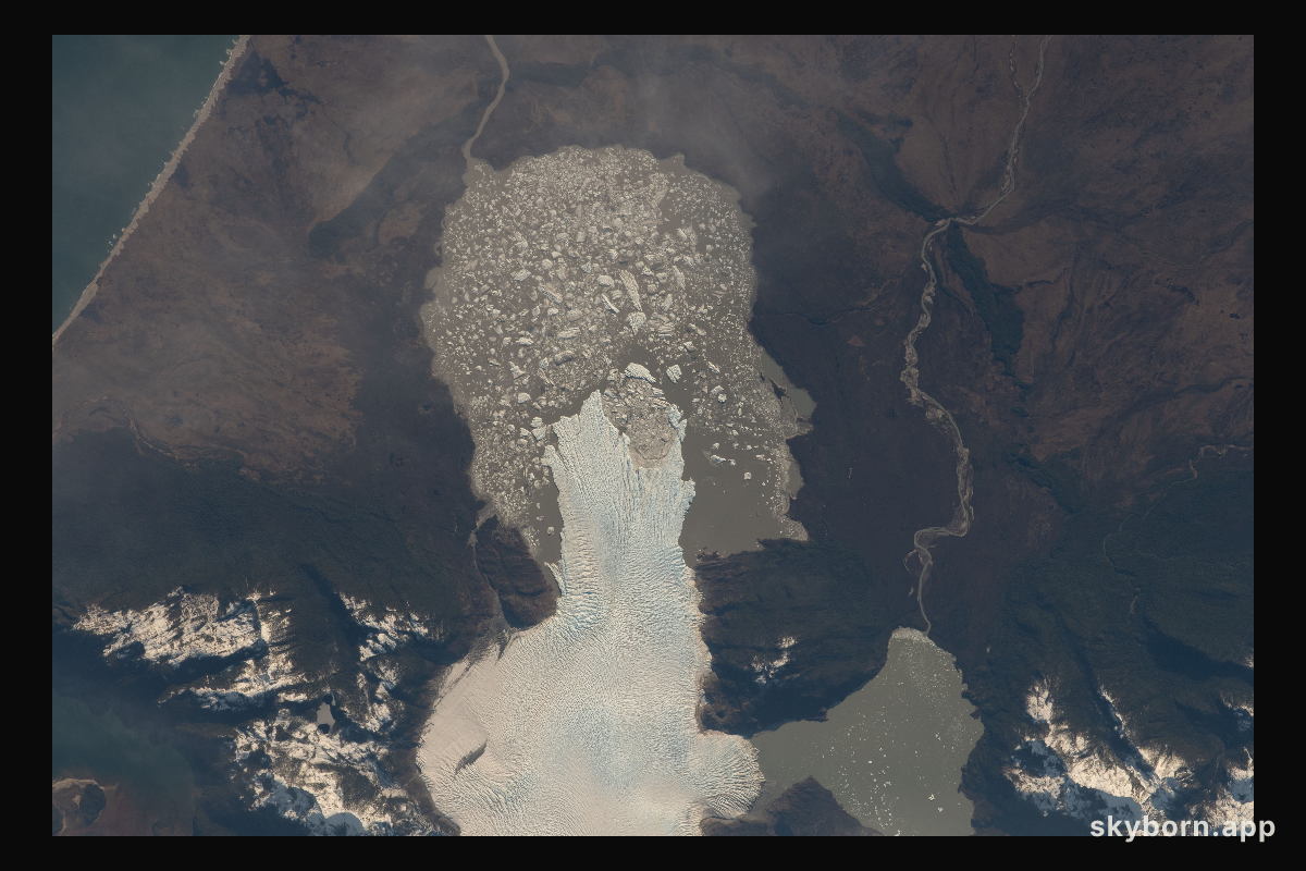 A glacier, pictured from the International Space Station, in the Laguna San Rafael National Park ends at the Rio Nevado