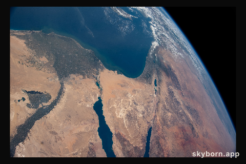 The Nile Delta, The Sinai Peninsula, and The Mediterranean Sea are pictured in the Middle East from the International