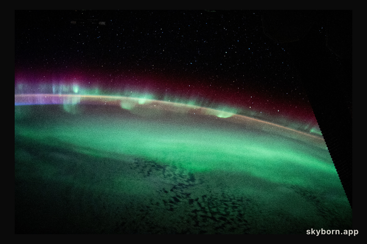 The aurora australis streams across the Earth's atmosphere as the International Space Station orbited 271 miles
