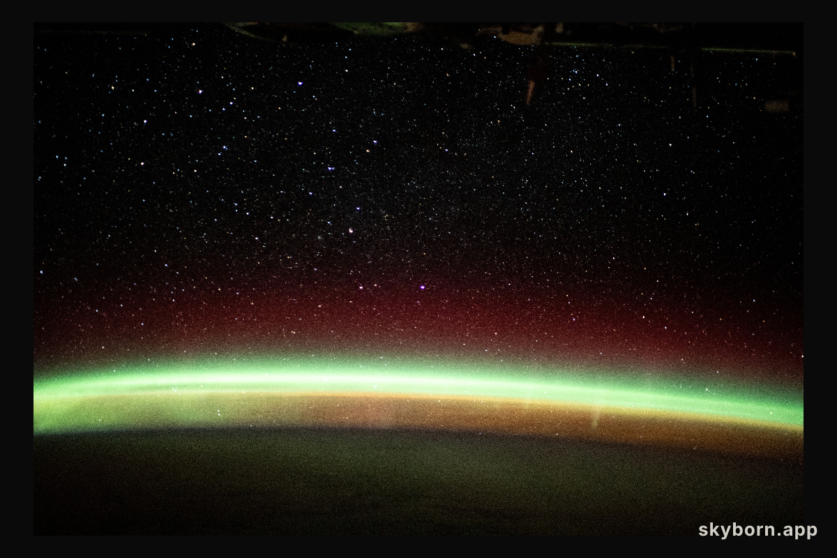 The aurora australis streams across the Earth's atmosphere as the International Space Station orbited 270 miles