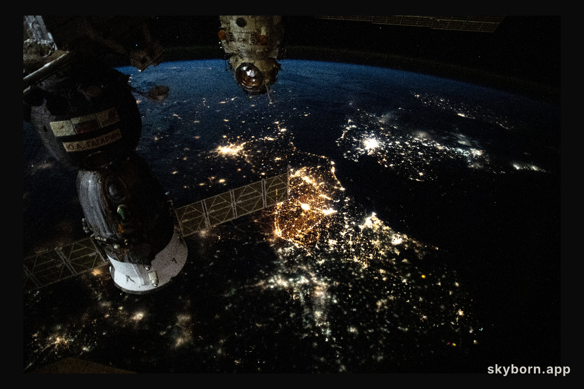 The prominent city lights of Europe from Amsterdam to Paris and London across the English Channel are pictured