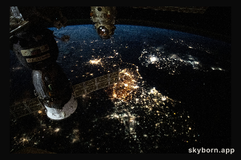 The prominent city lights of Europe from Amsterdam to Paris and London across the English Channel are pictured