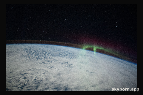 A wispy aurora, intersecting with Earth's airglow, is pictured from the International Space Station as it orbited 274