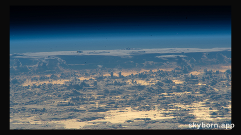 Clouds protrude above the north Atlantic Ocean, with the Sun's glint beaming off the golden-hued waters, in this