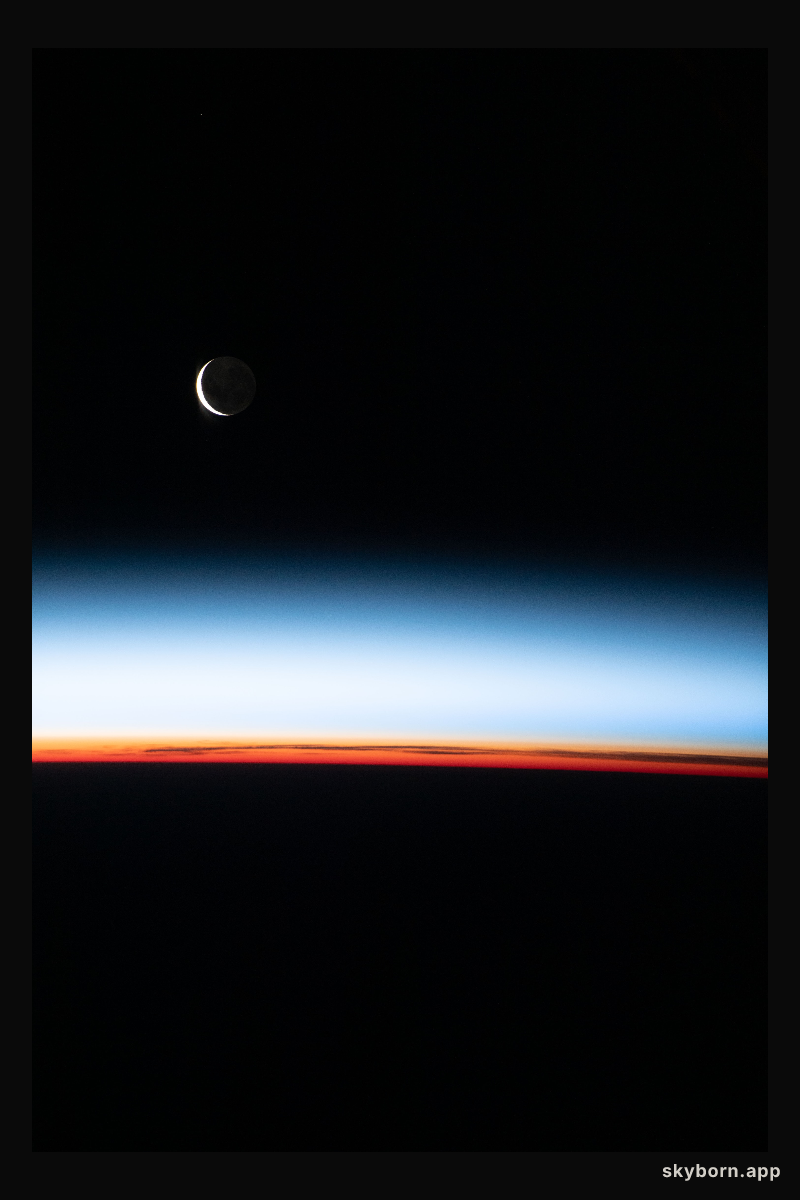 A waxing crescent Moon is pictured from the International Space Station during an orbital sunset as it flew 268 miles