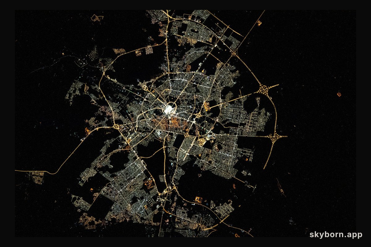 The city lights of Medina are pictured during an orbital nightime pass from the International Space Station as it