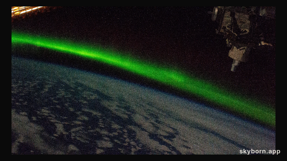 The aurora australis streams above the Indian Ocean in this picture from the International Space Station as it orbited