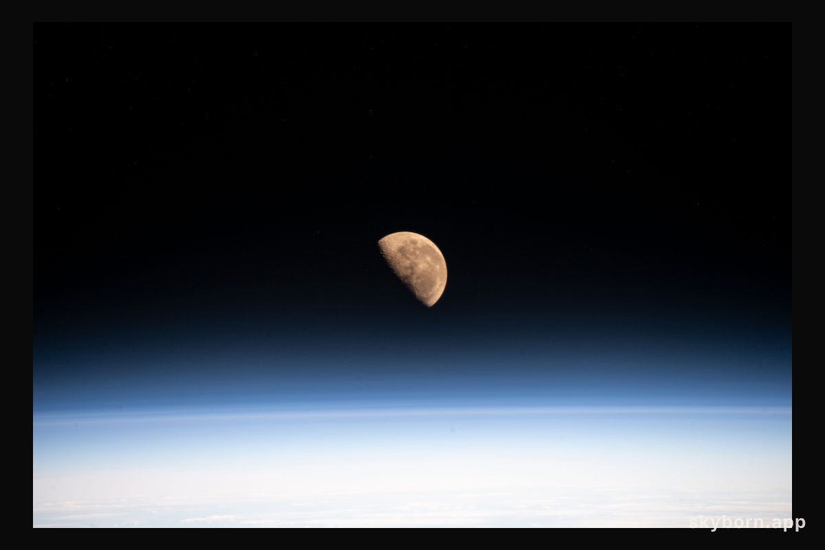 The Moon, pictured the day before going into its Last Quarter phase, is seen from the International Space Station as it