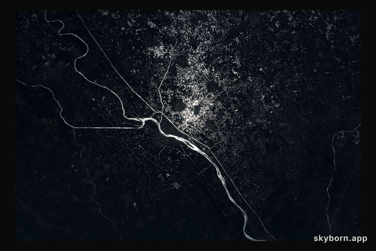 The Damietta Branch of the Nile River splits into canals in the central portion of the Nile Delta in Egypt